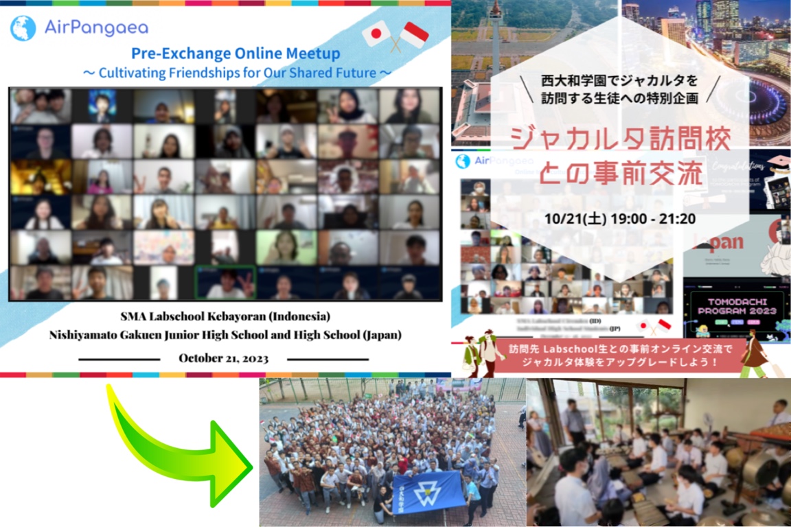 Students from both schools on the screen of the pre-visit online exchange, a group photo from the visit to Labschool, and students gathered around musical instruments